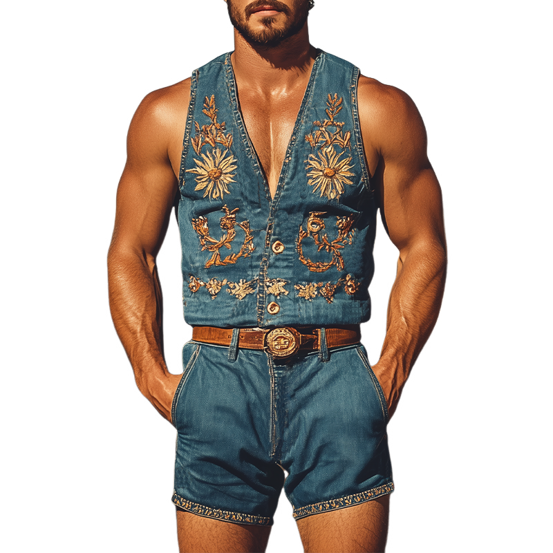 Miesten Kesämuoti: Retro Cowboy-tyylinen Kirjailtu Jumpsuit