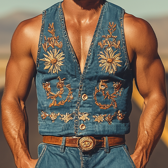 Miesten Kesämuoti: Retro Cowboy-tyylinen Kirjailtu Jumpsuit