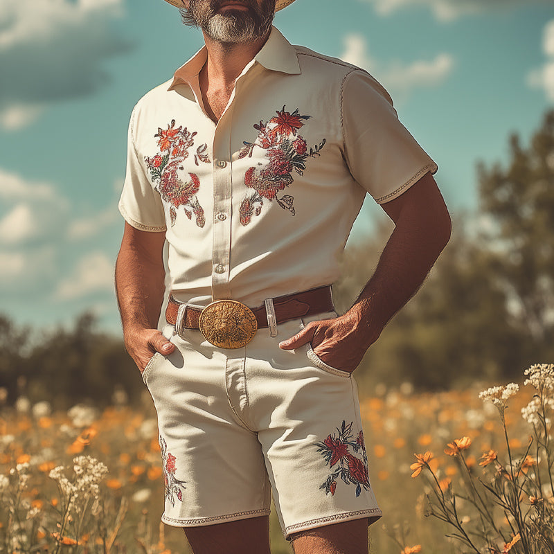 Miesten Retro Länkkäri-tyylinen Kesäpaita ja Shortsit